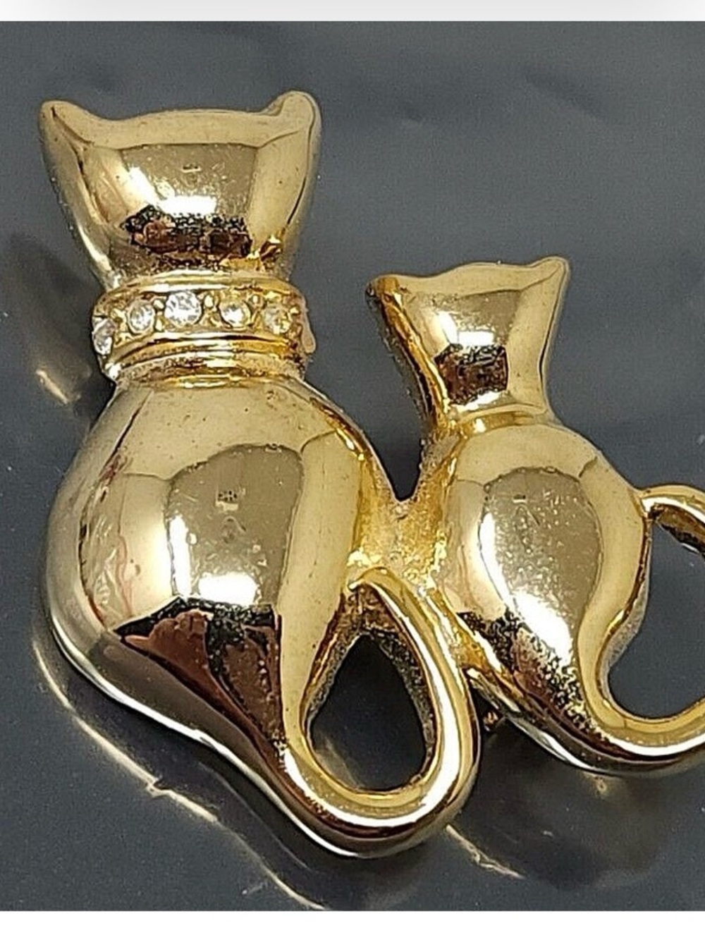 Vintage Couture Brooch White Rhinestone Gold Tone Cats Two Kitties Side X Side